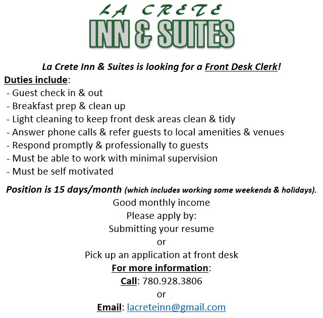 Emailed Nov 4, 2021-La Crete Inn & Suits-Front Desk Clerk